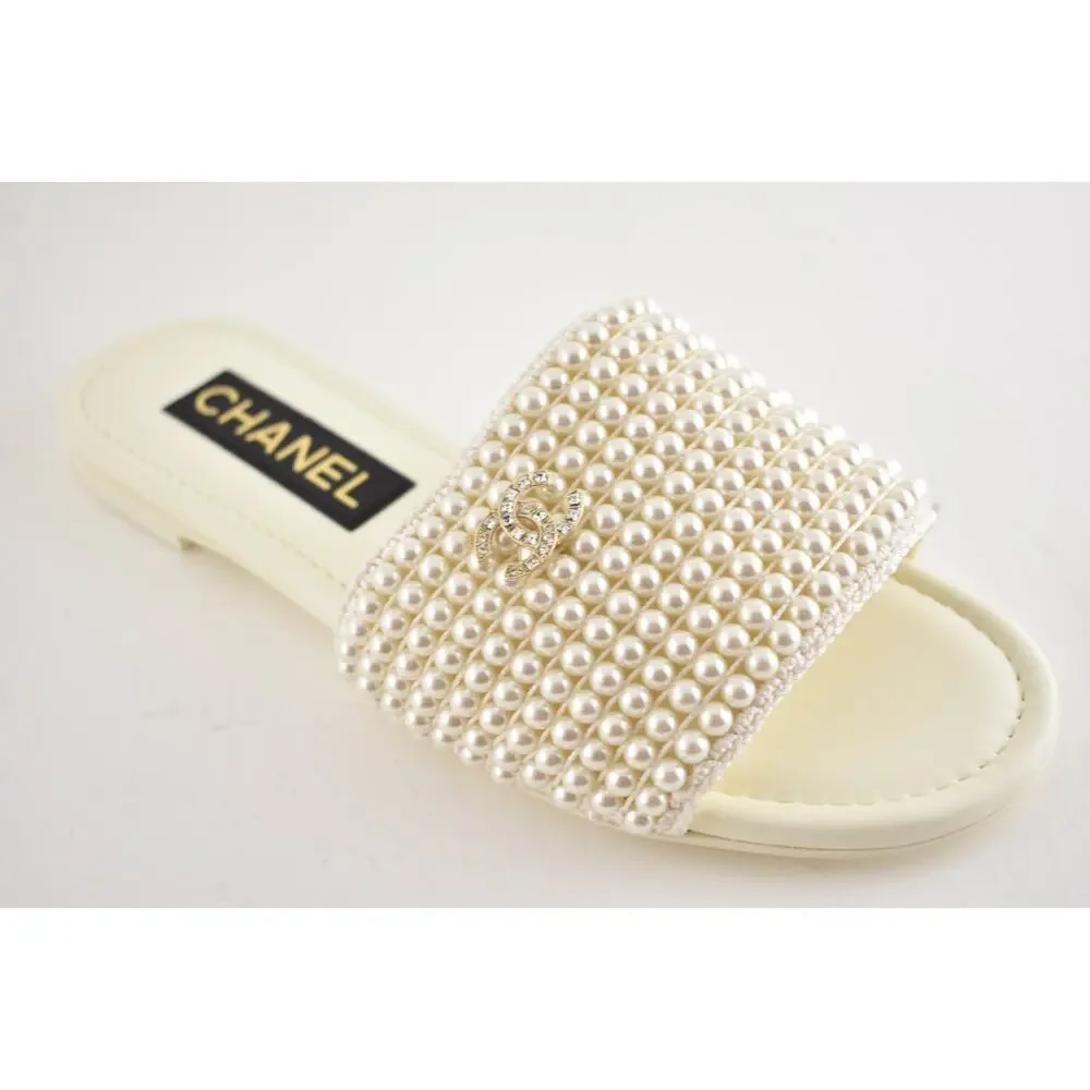 Chanel 25P Ivory White Pearl Embroidery CC Logo Slide Slip Sandal Mule Flat 36.5